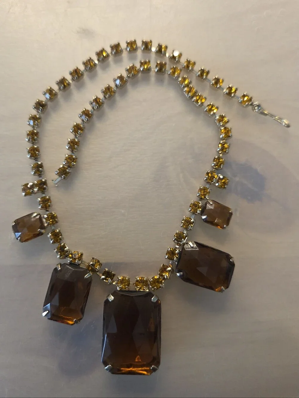 Vintage Amber Glass Rhinestone Necklace Bracelet Demi Parure Set